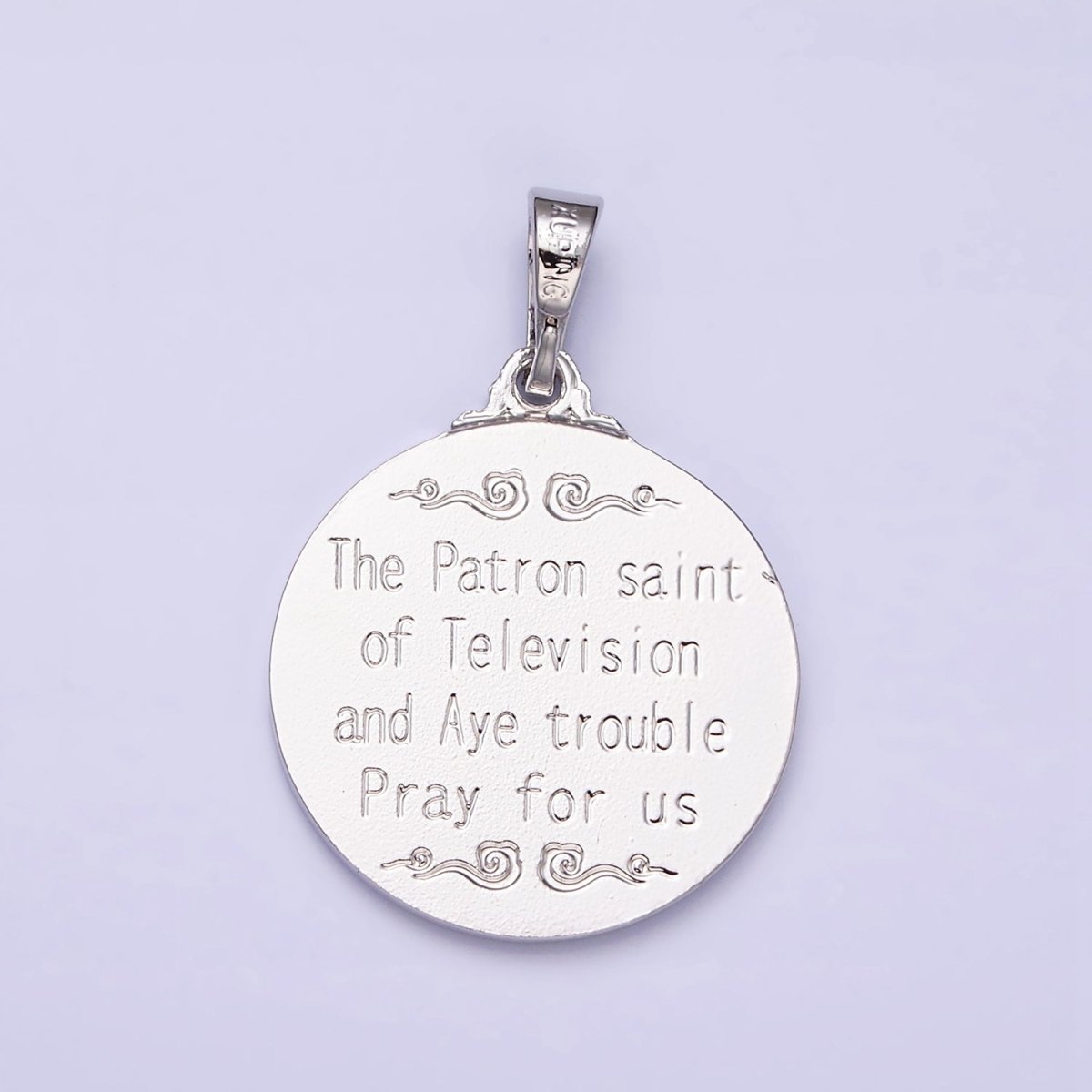 White Gold Filled "SAINT CLARE PRAY FOR US" Double Sided Miracle Prayer Round Pendant | AA519