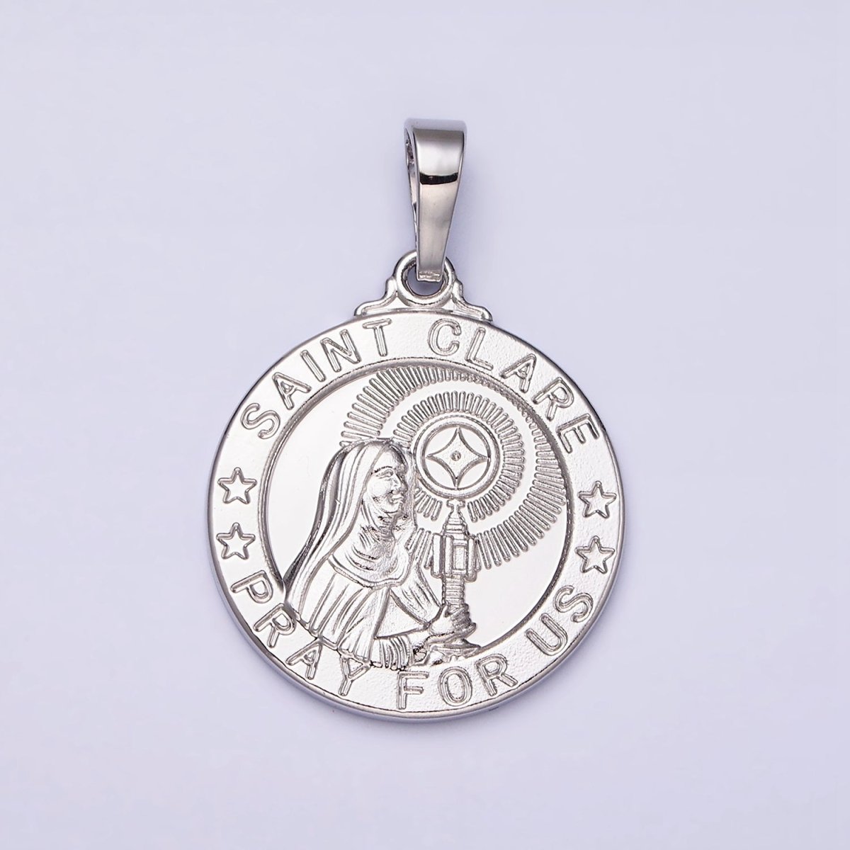 White Gold Filled "SAINT CLARE PRAY FOR US" Double Sided Miracle Prayer Round Pendant | AA519