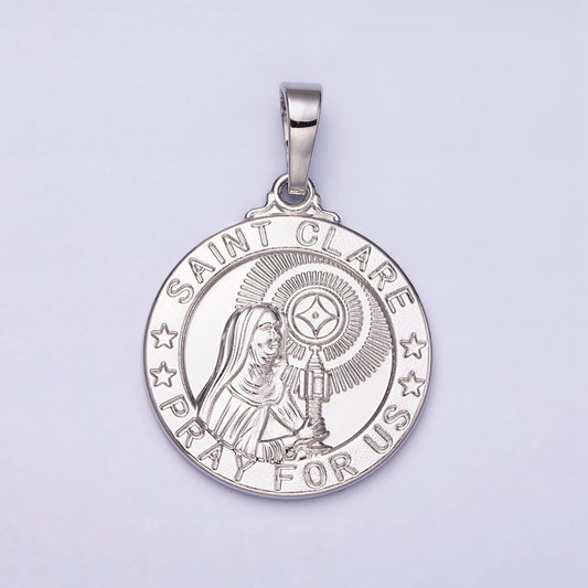 White Gold Filled "SAINT CLARE PRAY FOR US" Double Sided Miracle Prayer Round Pendant | AA519
