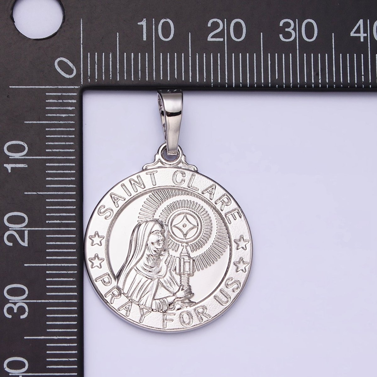 White Gold Filled "SAINT CLARE PRAY FOR US" Double Sided Miracle Prayer Round Pendant | AA519