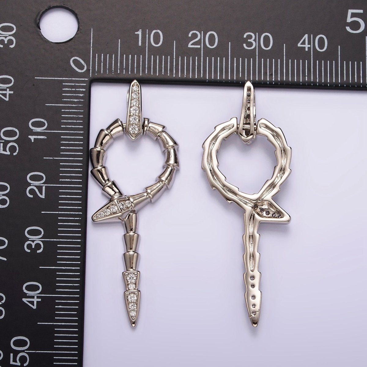 White Gold Filled Snake Serpent Circular Lined Staff Micro Paved Bail Pendant | AA1122