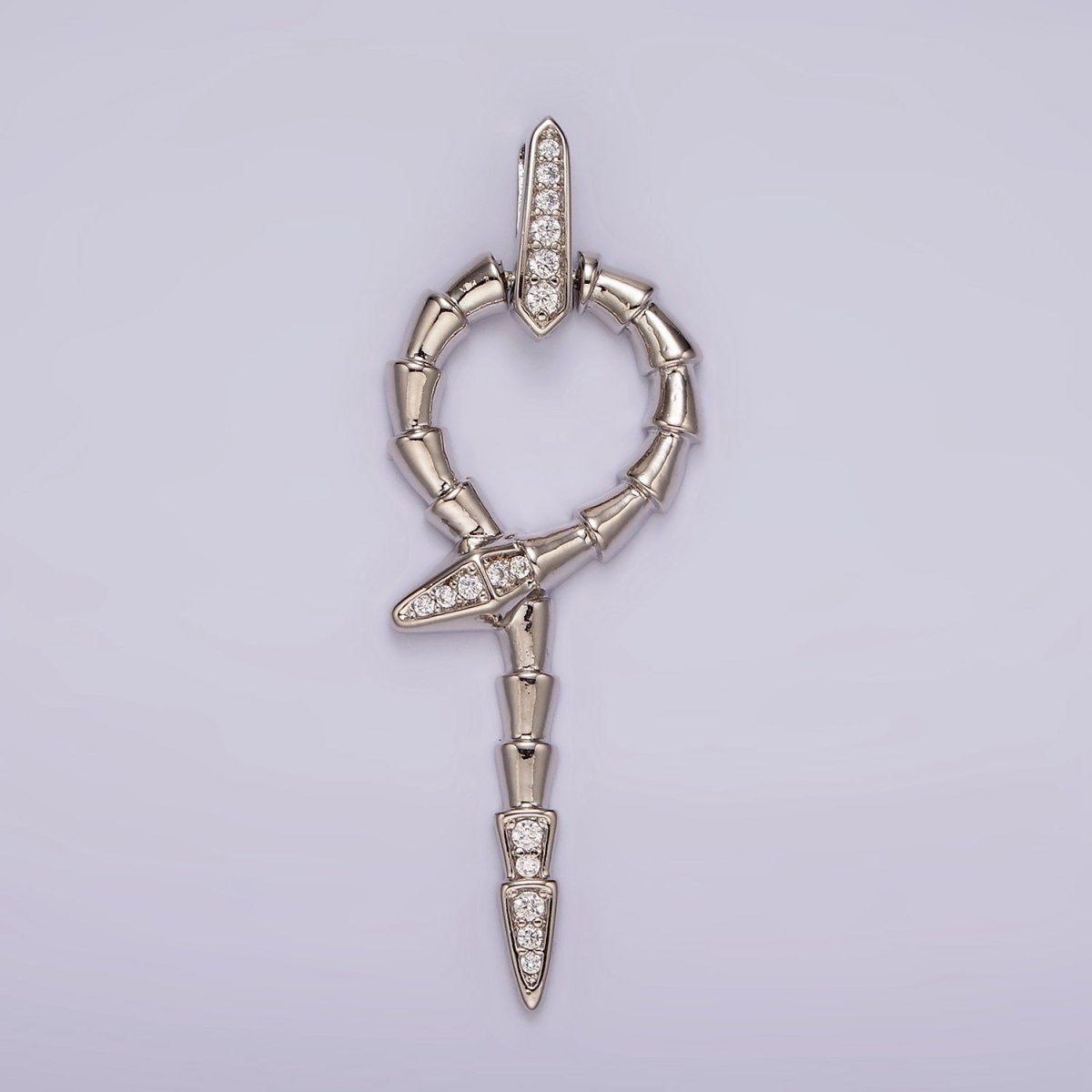 White Gold Filled Snake Serpent Circular Lined Staff Micro Paved Bail Pendant | AA1122