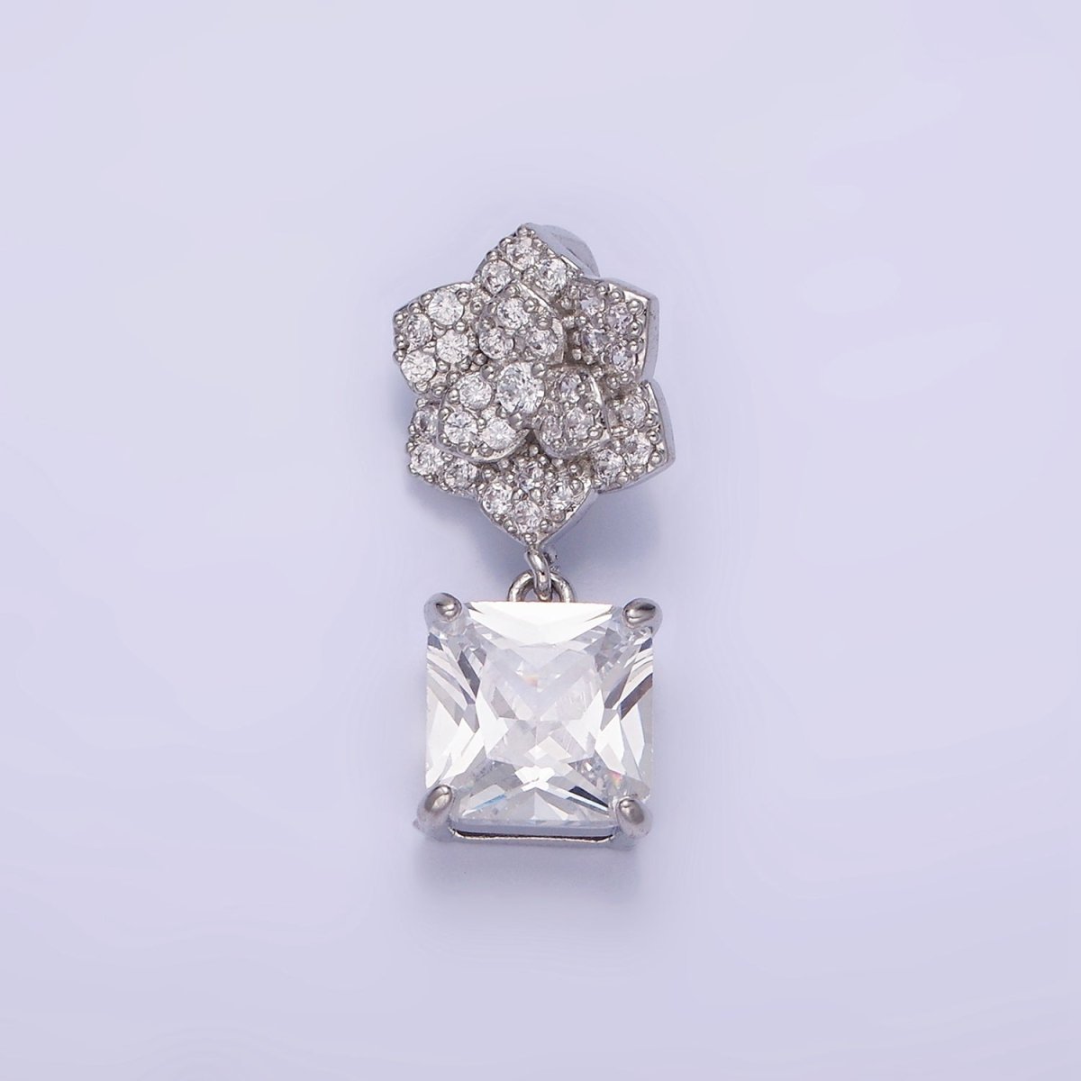 White Gold Filled Square CZ Drop Micro Paved Flower Pendant | AA1169