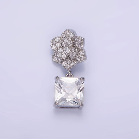 White Gold Filled Square CZ Drop Micro Paved Flower Pendant | AA1169