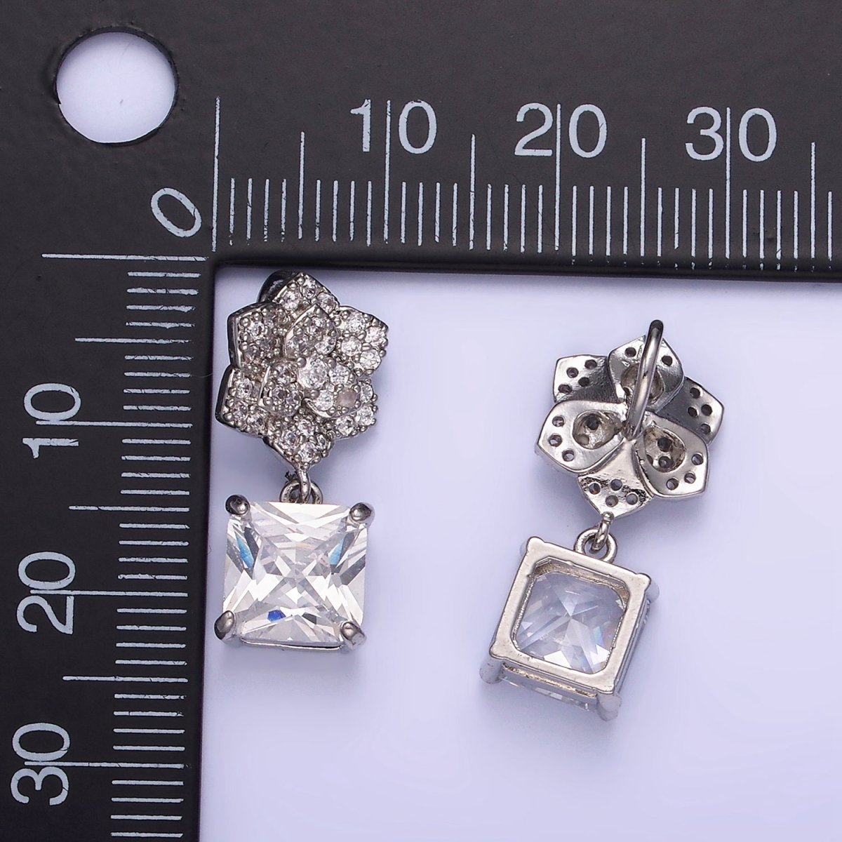 White Gold Filled Square CZ Drop Micro Paved Flower Pendant | AA1169