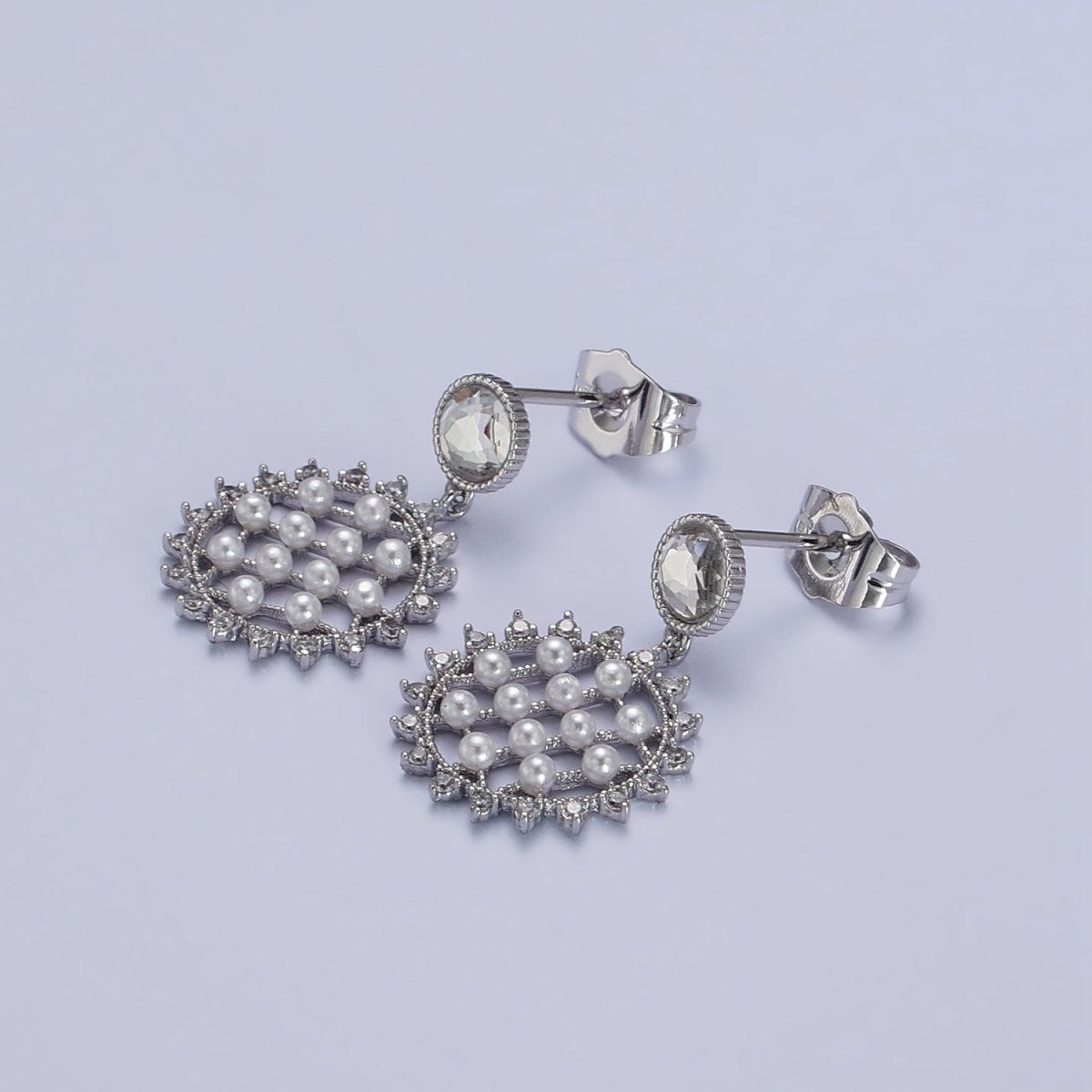 White Gold Filled Sun Celestial Micro Paved Pearl Lined Round Clear CZ Drop Dangle Earrings | AB161