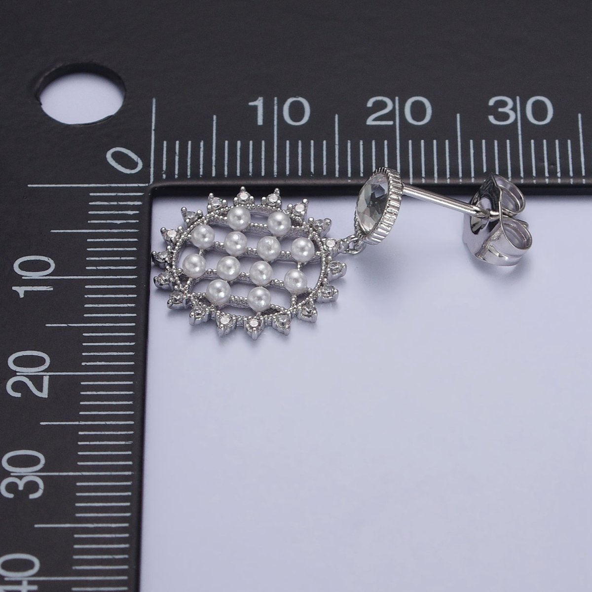 White Gold Filled Sun Celestial Micro Paved Pearl Lined Round Clear CZ Drop Dangle Earrings | AB161