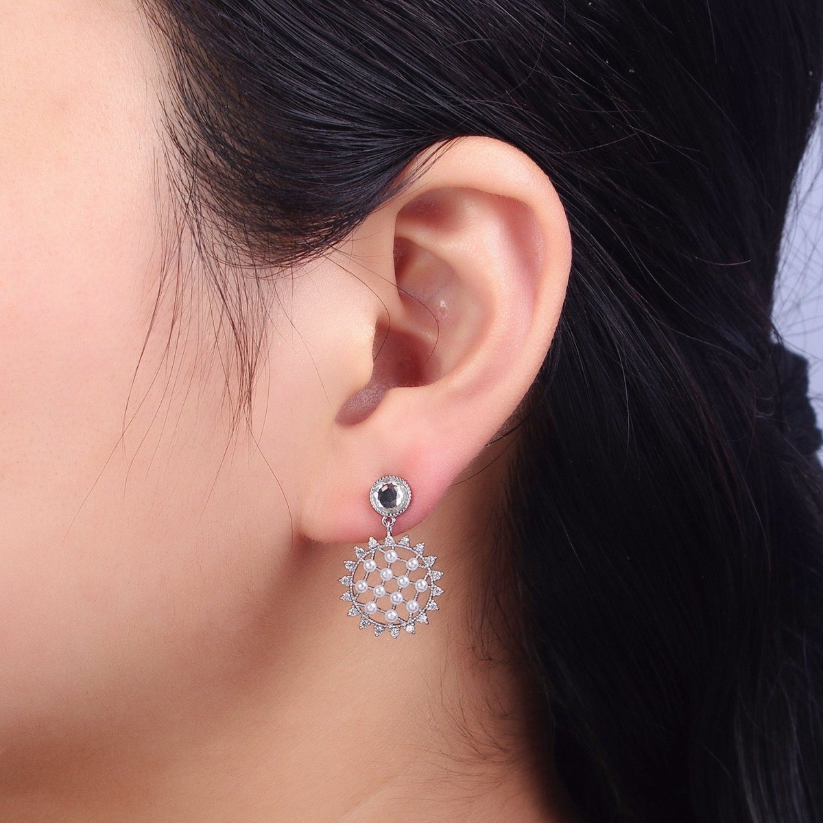 White Gold Filled Sun Celestial Micro Paved Pearl Lined Round Clear CZ Drop Dangle Earrings | AB161