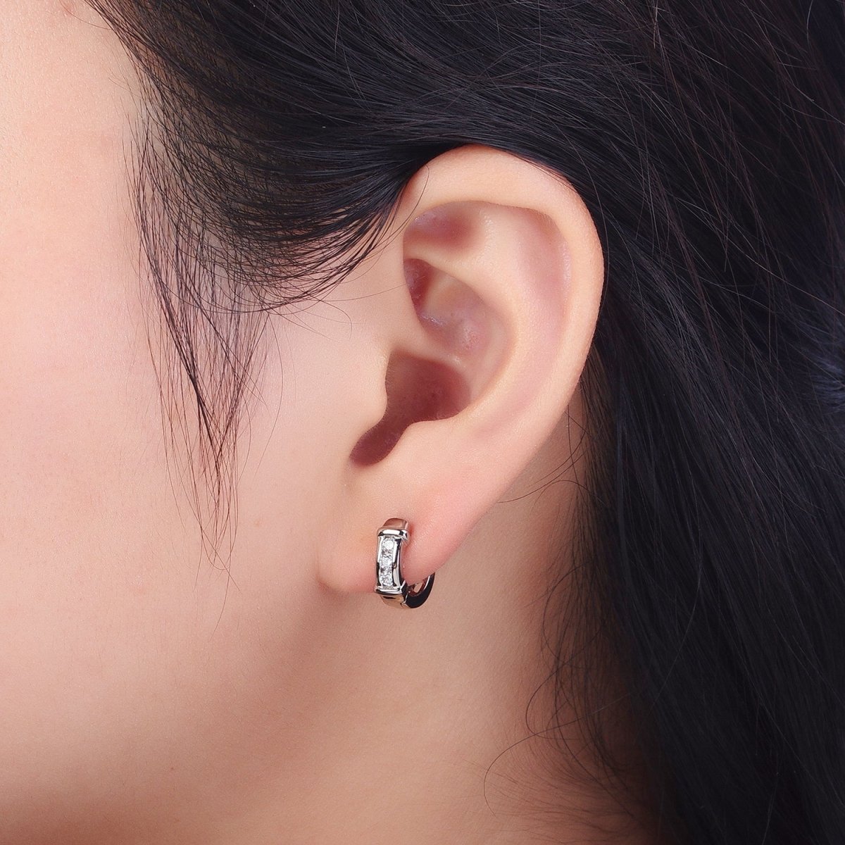 White Gold Filled Three Clear Round CZ Lined Bar Silver Huggie Earrings | AB013