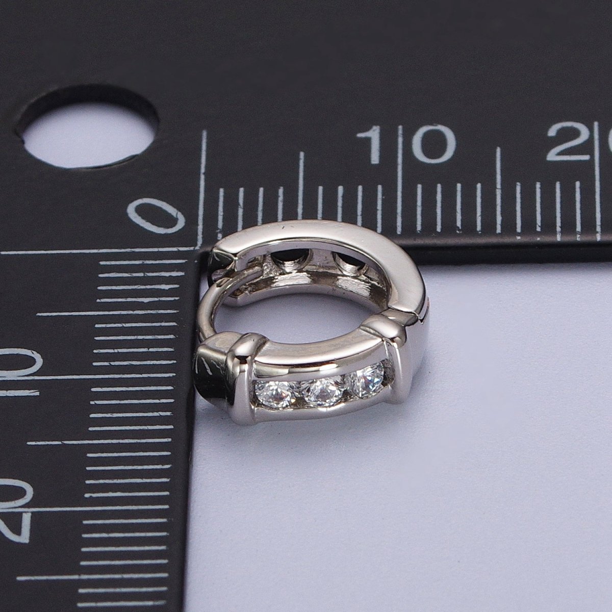 White Gold Filled Three Clear Round CZ Lined Bar Silver Huggie Earrings | AB013