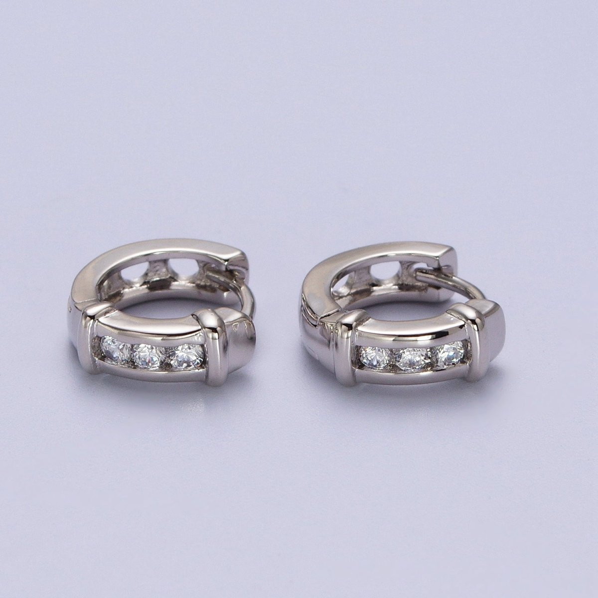 White Gold Filled Three Clear Round CZ Lined Bar Silver Huggie Earrings | AB013