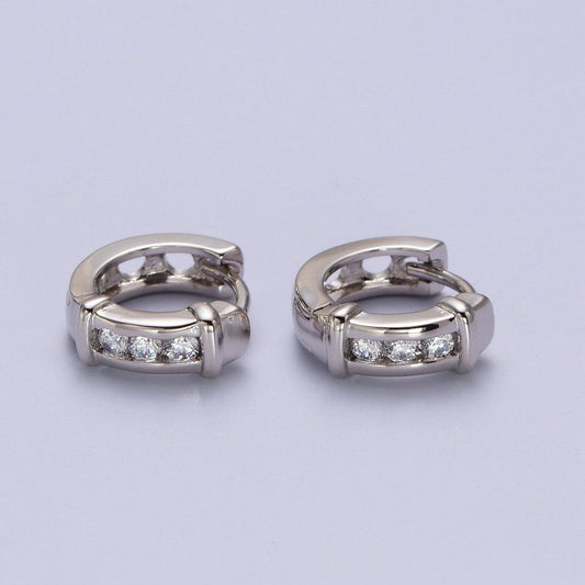 White Gold Filled Three Clear Round CZ Lined Bar Silver Huggie Earrings | AB013