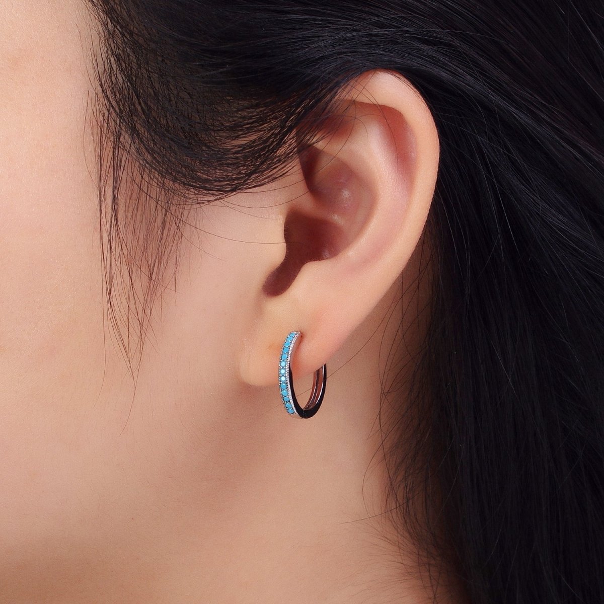White Gold Filled Turquoise Lined 17mm Minimalist Endless Hoop Earrings | AB1052