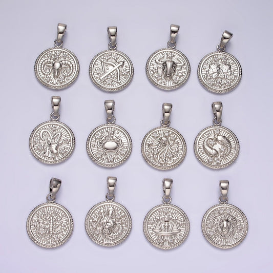 White Gold Filled Zodiac Sign Star CZ Medallion Personalized Pendant | A-A1701-A-A1706