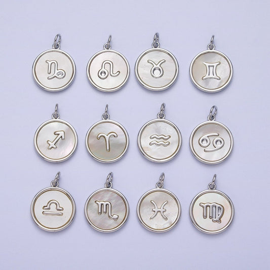 White Gold Filled Zodiac Signs Shell Pearl Round Coin Astrology Horoscope Silver Charm | A-A1731-A-A1736