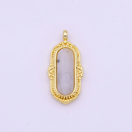 White / Green Natural Moonstone Rectangular Textured Gold Pendant H-003 H-078