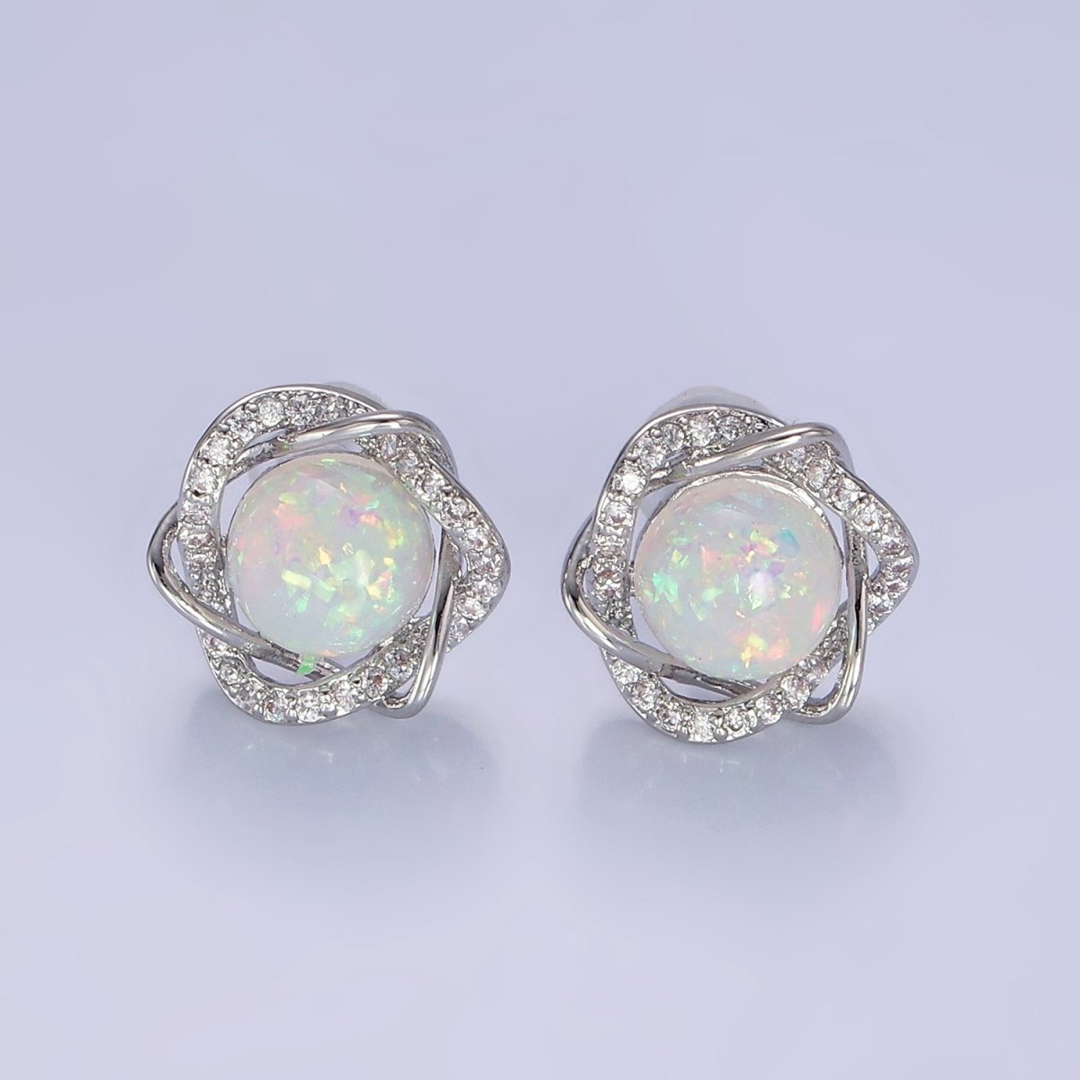 White Opal Curved Micro Paved Band Round Stud Earrings in Gold & Silver | V518