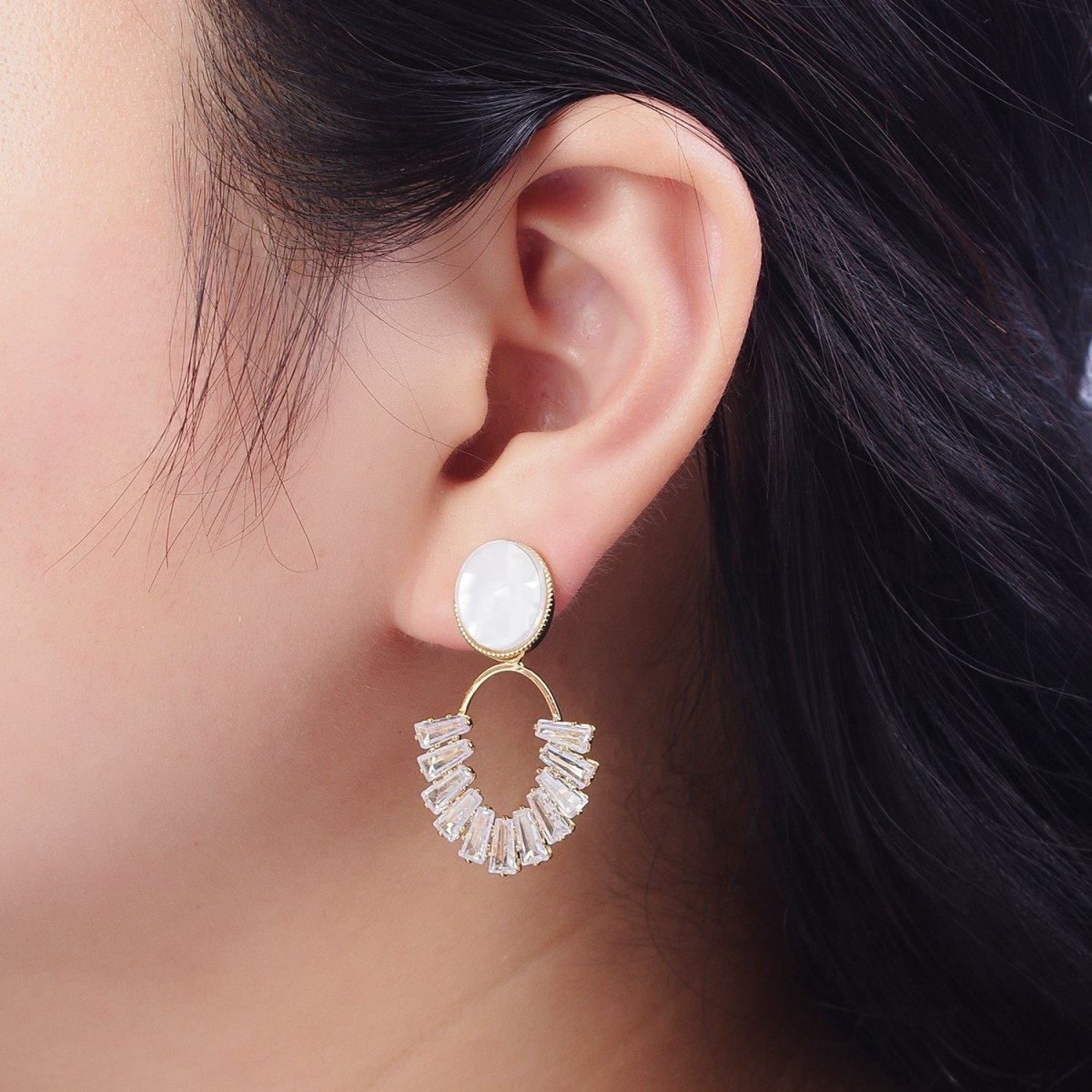 White Opal Oval with Baguette Cubic Zirconia Drop Gold Stud Earrings | AD-535