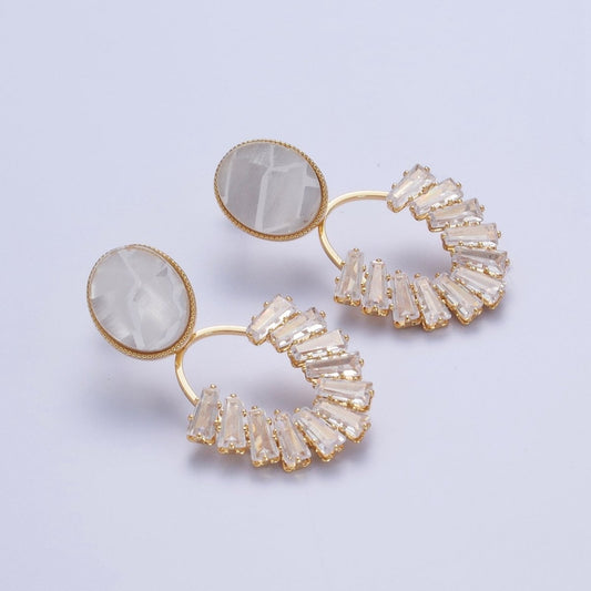White Opal Oval with Baguette Cubic Zirconia Drop Gold Stud Earrings | AD-535