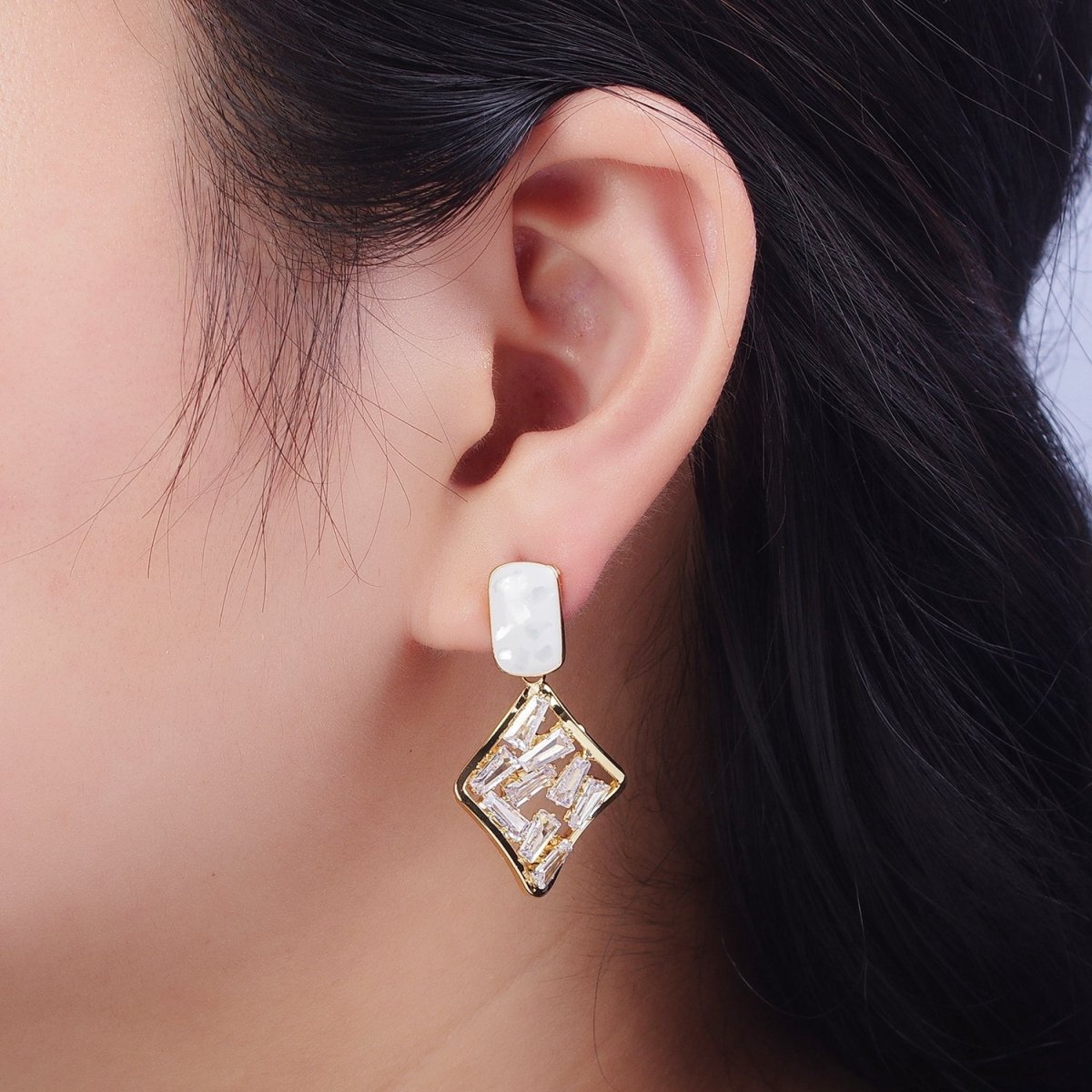 White Opal Squircle with Baguette Cubic Zirconia Rhombus Drop Gold Stud Earrings | AD-545