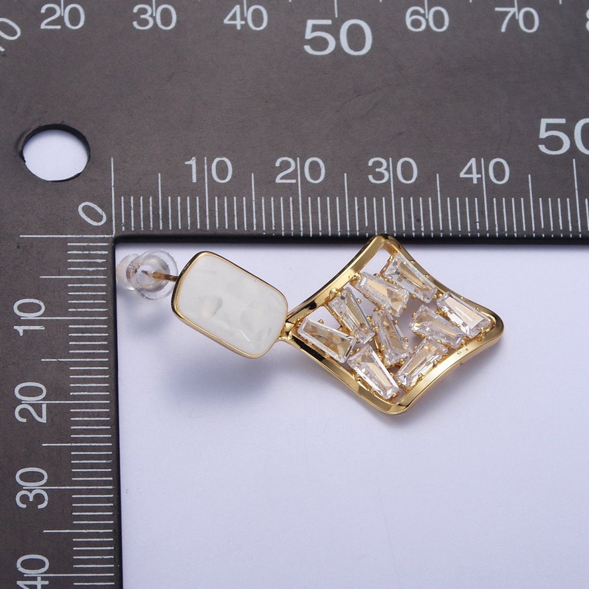 White Opal Squircle with Baguette Cubic Zirconia Rhombus Drop Gold Stud Earrings | AD-545