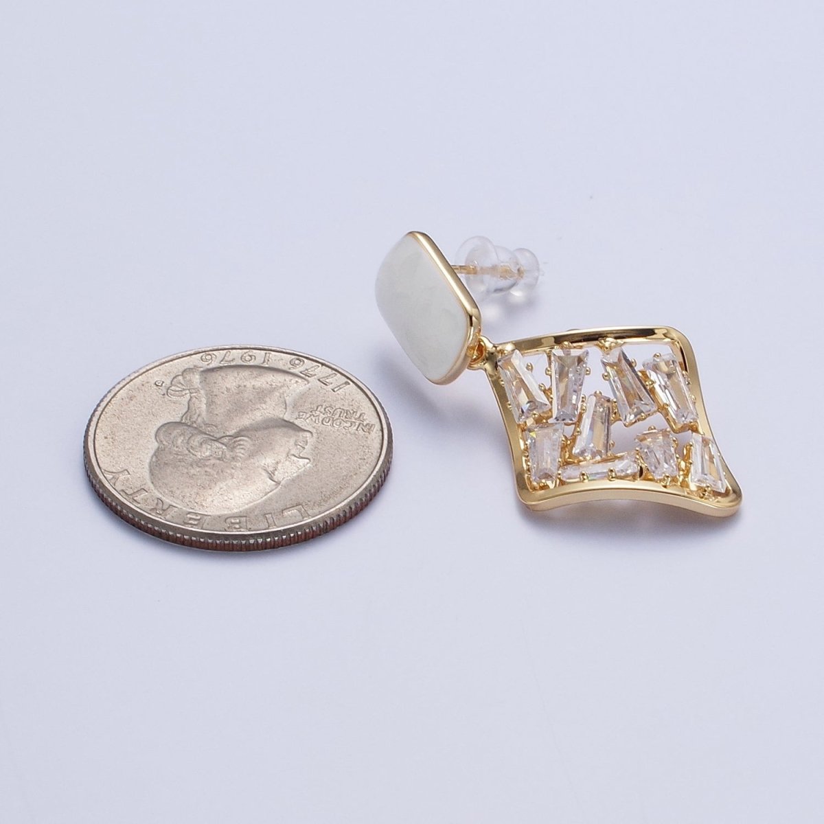 White Opal Squircle with Baguette Cubic Zirconia Rhombus Drop Gold Stud Earrings | AD-545