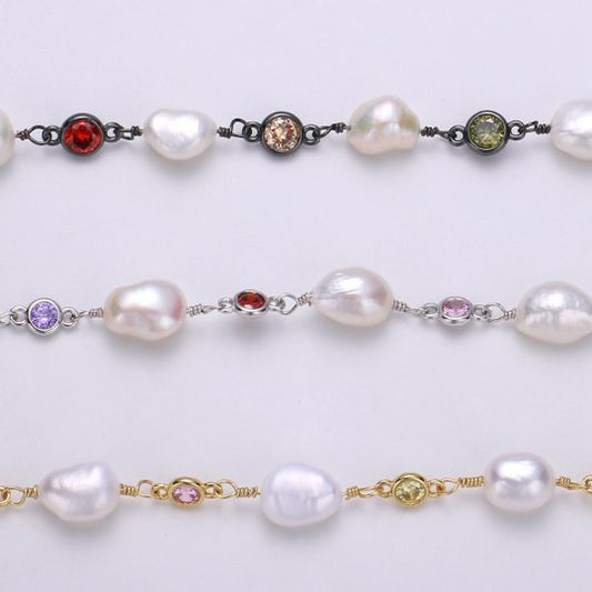 White Pearl Rosary Chain with 5mm Multi Colored CZ Beaded Roll Chain, Gold Silver Gun Metal For Necklace Bracelet Anklet Supply Component, DESIGNED PEARL Chain | ROLL-383, ROLL-384, ROLL-385 Clearance Pricing