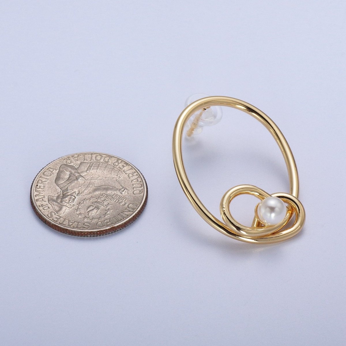 White Pearl Rounded Oval Geometric Bar Gold Stud Statement Earrings | AD-275