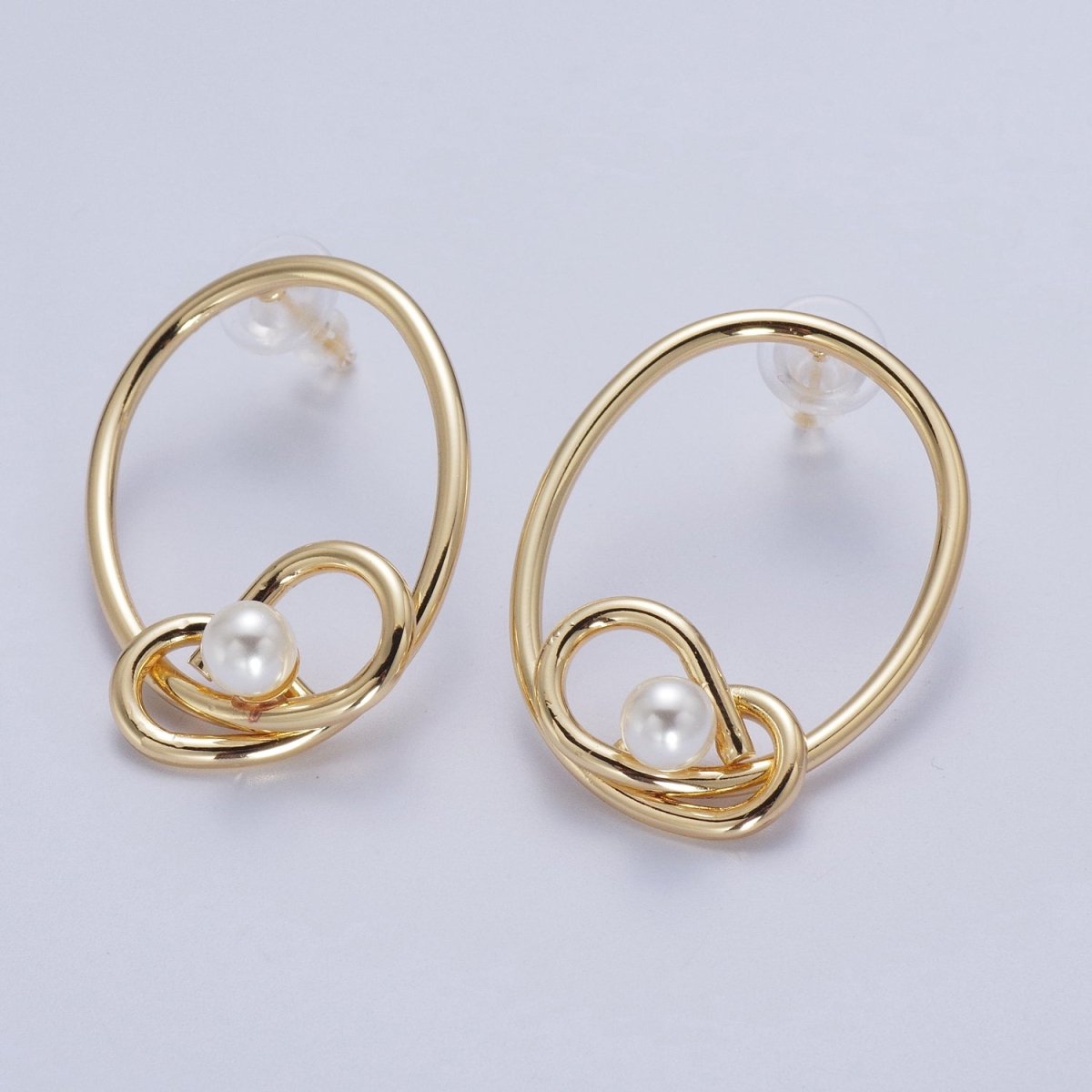 White Pearl Rounded Oval Geometric Bar Gold Stud Statement Earrings | AD-275