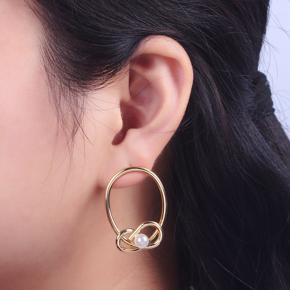 White Pearl Rounded Oval Geometric Bar Gold Stud Statement Earrings | AD-275
