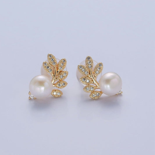 White Pearl Stud Earring with Gold Pave Leaf for Wedding Jewelry T-527