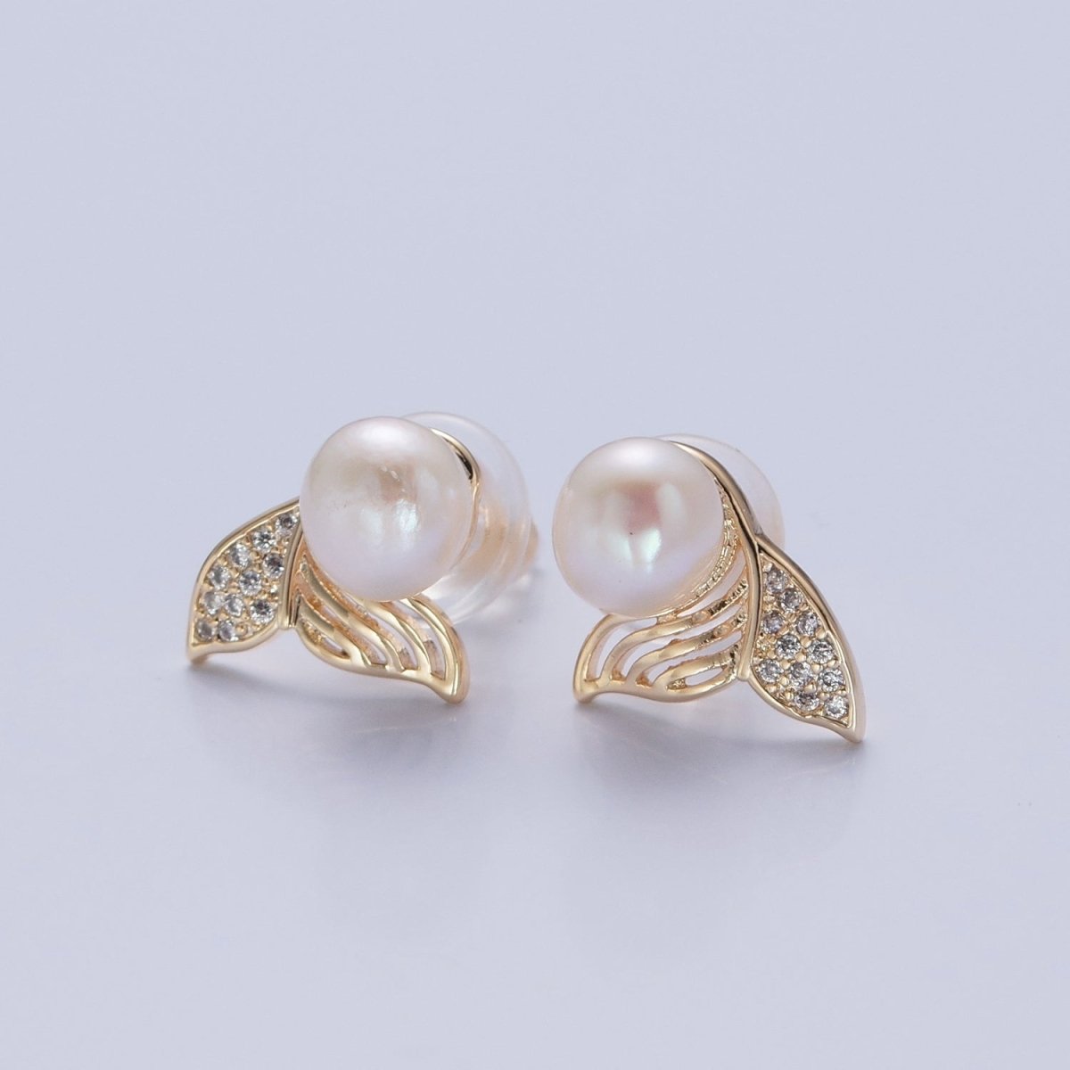 White Pearl with Gold Micro Pave Mermaid Tail Stud Earring V-397