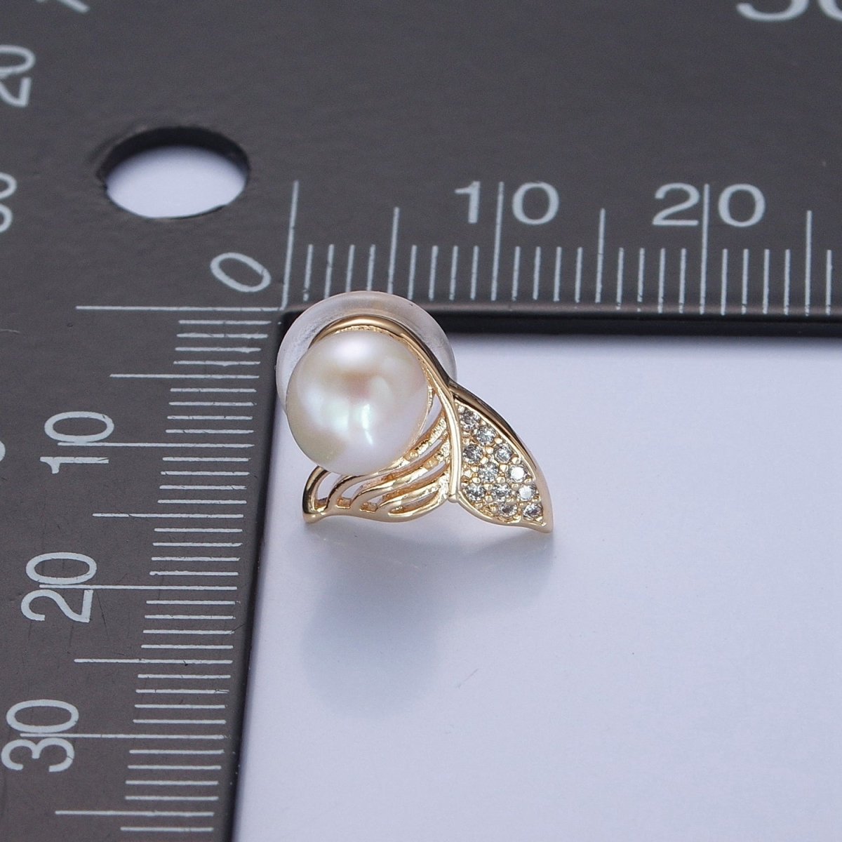 White Pearl with Gold Micro Pave Mermaid Tail Stud Earring V-397