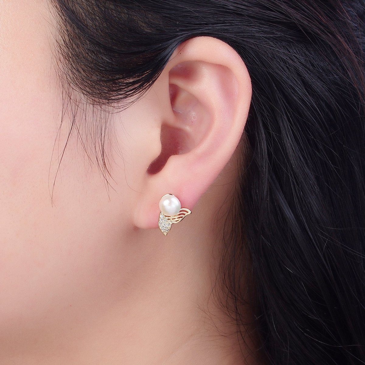 White Pearl with Gold Micro Pave Mermaid Tail Stud Earring V-397