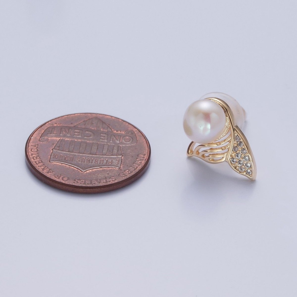 White Pearl with Gold Micro Pave Mermaid Tail Stud Earring V-397