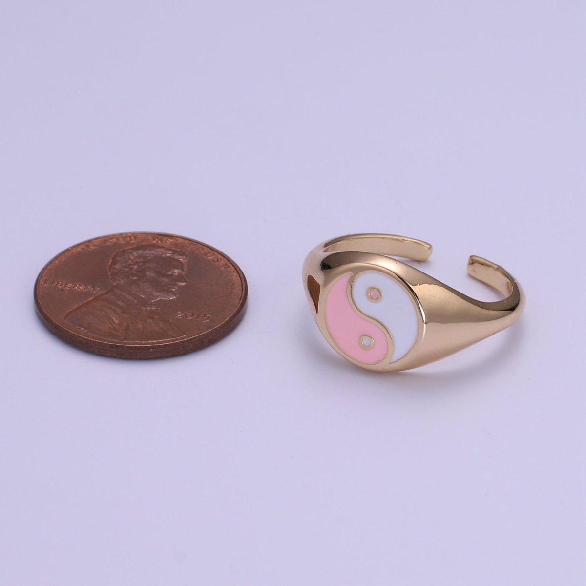 White Pink Yin Yang  Gold Filled Adjustable Ring O-330