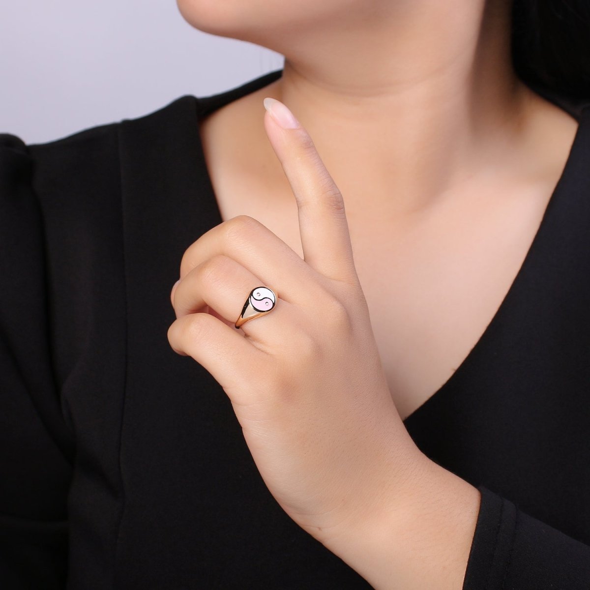 White Pink Yin Yang  Gold Filled Adjustable Ring O-330