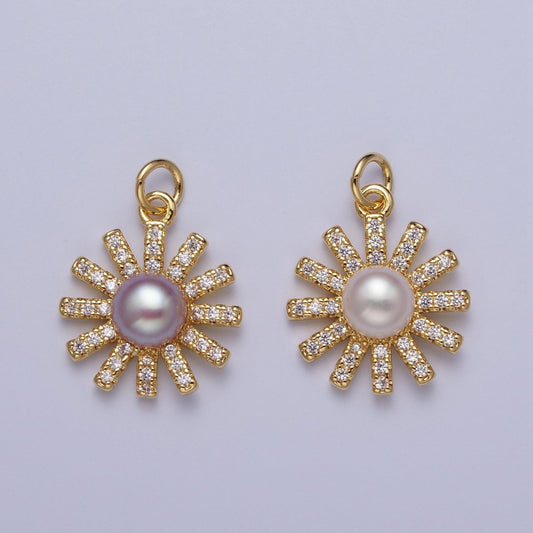 White / Purple Shell Pearl Celestial Micro Paved CZ Sun Flower Charm | N-645