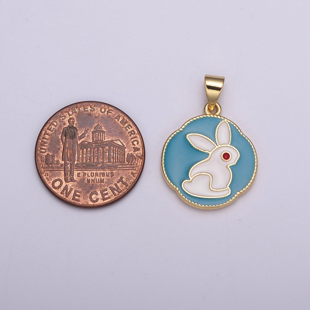White Rabbit Charm, Hare Charm in Round Coin Disc Charm, Bunny Charm 14k Gold Filled N-517