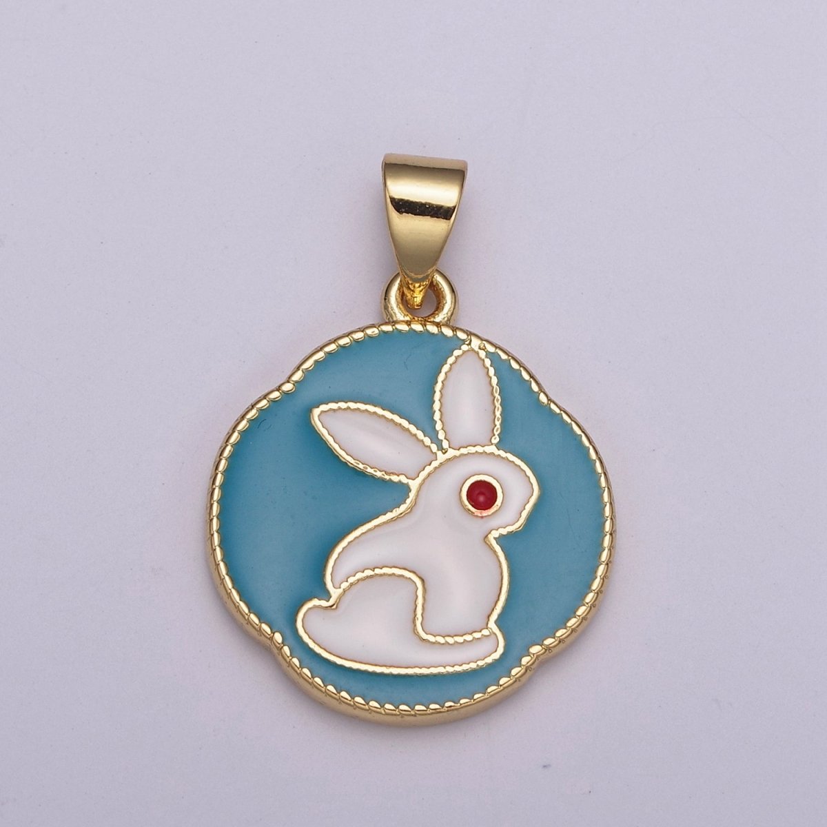 White Rabbit Charm, Hare Charm in Round Coin Disc Charm, Bunny Charm 14k Gold Filled N-517