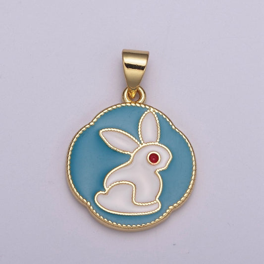 White Rabbit Charm, Hare Charm in Round Coin Disc Charm, Bunny Charm 14k Gold Filled N-517