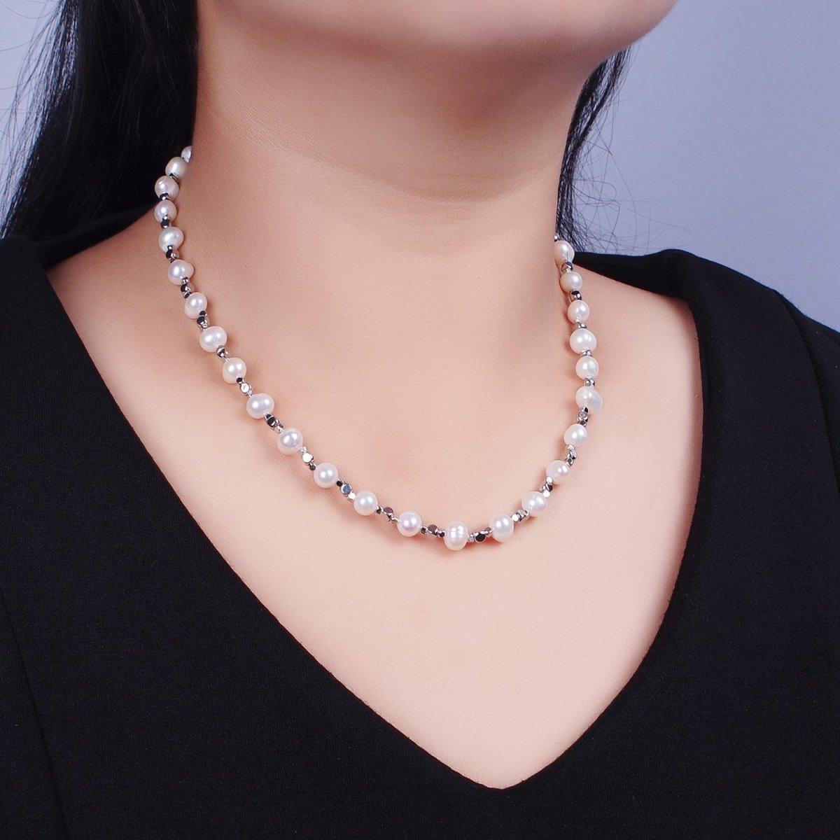 White Shell Pearl Silver Cube Spacer Beads 15.75 Inch Necklace | WA-1421 Clearance Pricing