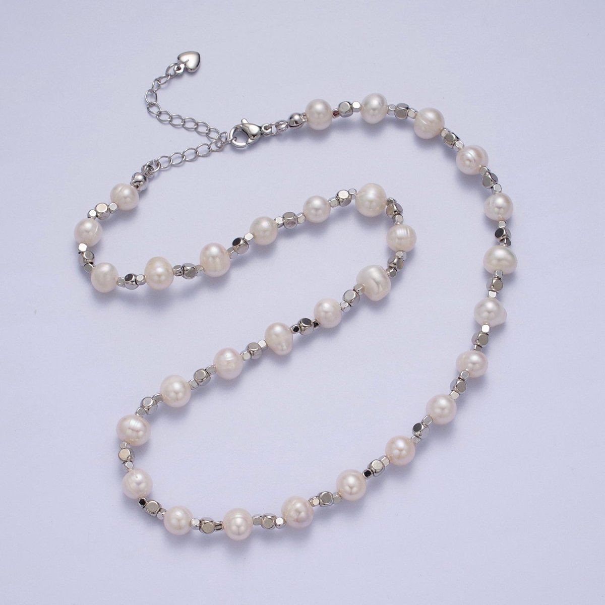 White Shell Pearl Silver Cube Spacer Beads 15.75 Inch Necklace | WA-1421 Clearance Pricing