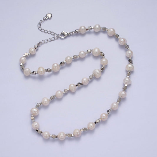 White Shell Pearl Silver Cube Spacer Beads 15.75 Inch Necklace | WA-1421 Clearance Pricing