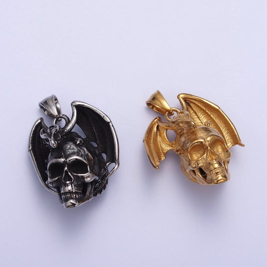 Winged Dragon on Skull Skeleton Stainless Steel Pendant in Gold & Silver | X-667 X-668