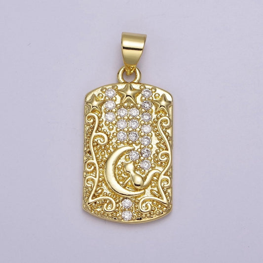 Yellow Gold Tag Pendant Crescent Moon With Cat Charm For Dangle Pendant Necklace J-320