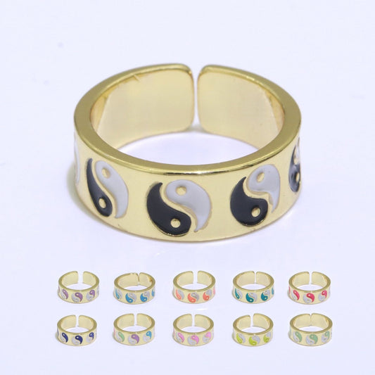 Yin Yang Ring Open Adjustable Gold Ring, Colorful Pastel Enamel Ring, Stackable Ring Black White Pink blue Green Ring for Women S-001 ~ S-008 S-010 S-011