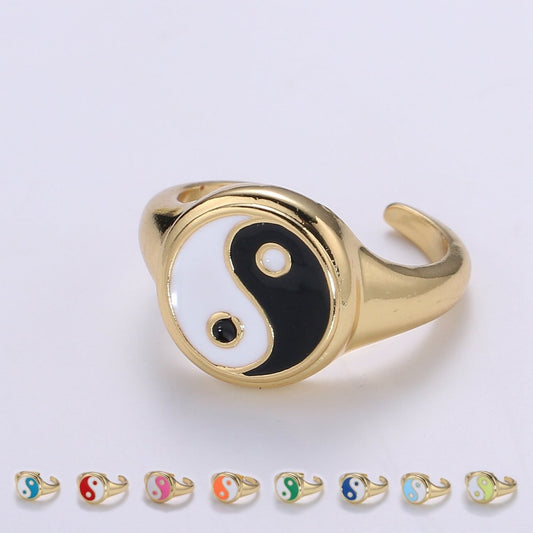 Yin Yang Ring, Signet Ring, Adjustable Gold Ring, Colorful Pastel Enamel Ring, Stackable Ring Black White Pink blue Green Ring for Women