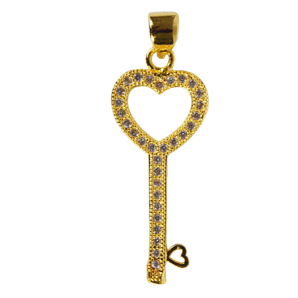 Zirconia Crystal Crystallized Paved Heart Key Copper Necklace Pendant Jewelry Making Charm Gold Filled | I-036