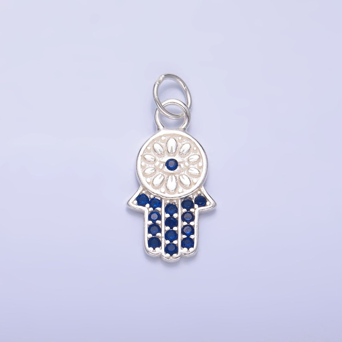 S925 Sterling Silver Blue Micro Paved CZ Hamsa Hand Charm | SL-564